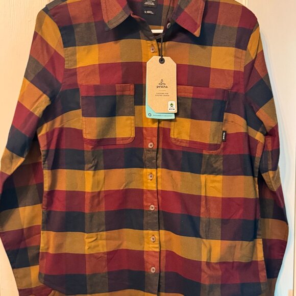 prAna Meadow Run Flannel – Small, New With Tags, Antique Bronze, Deep Red & Gold - Picture 2 of 11